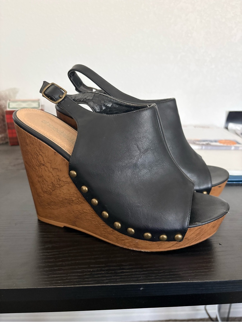 Women’s Black Leather Wedge Sandals with Wood-Effect Heel